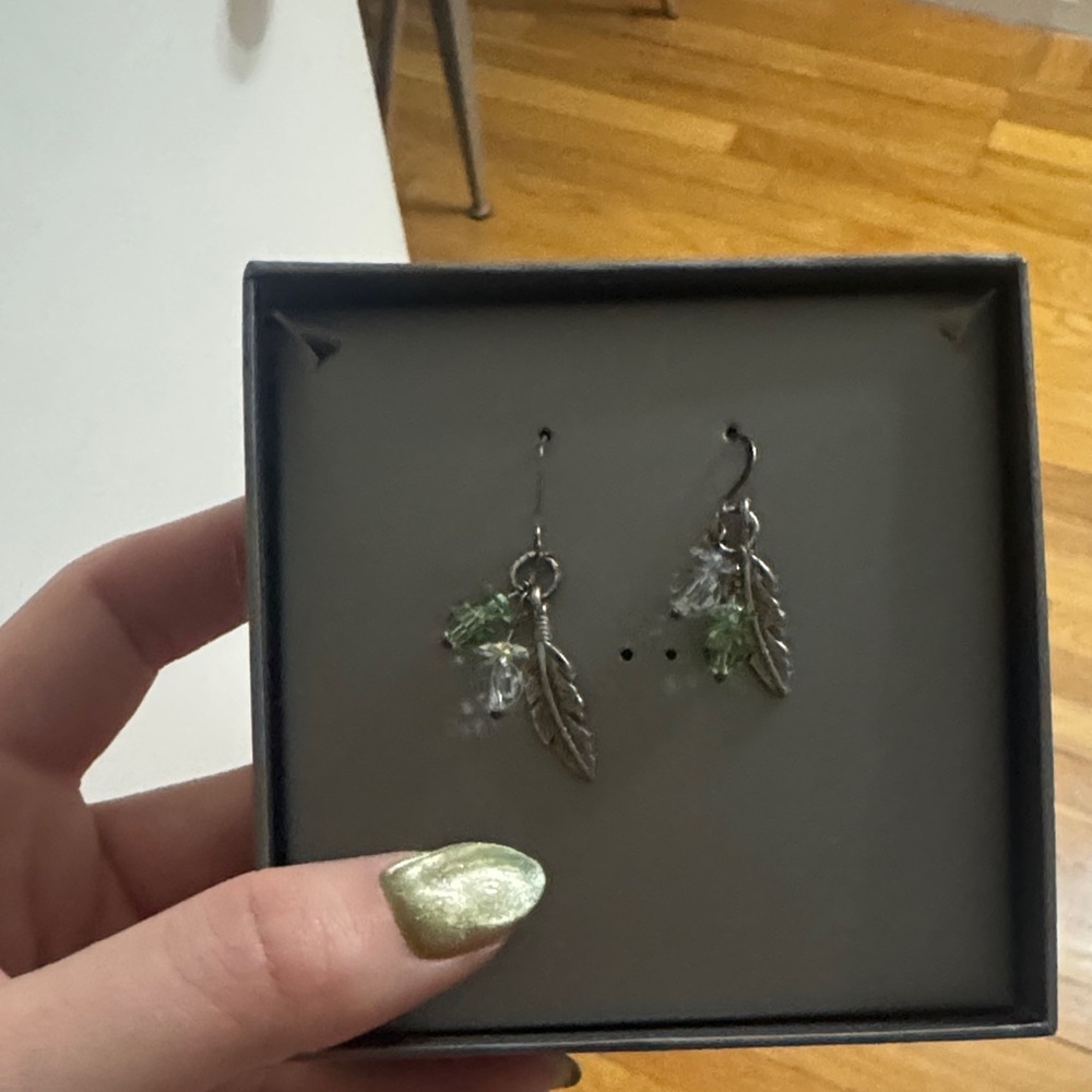 Silver Leaf Drop Earrings with Green and Clear Beads